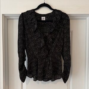 CAbi Black Ruffle V-Neck Blouse with Tiny Heart Detail